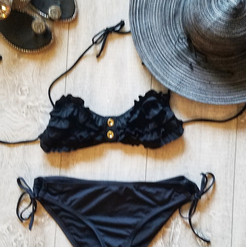 Black ruffle bikini top with gold buttons